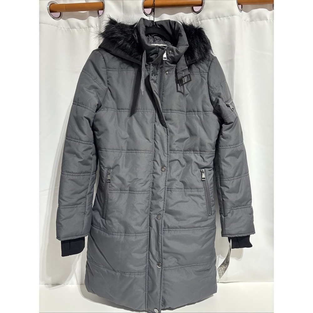 Marilyn & Me 3/4 Puffer Grey jacket w/hood & fur Size M‎ Texting Knit Cuff